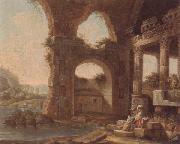 An architectural capriccio with washerwomen by a river